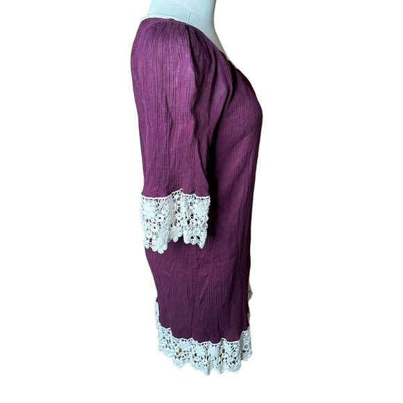 UMGEE Dark Purple with Cream Lace Crochet Trim Boho Cotton Blend Tunic Dress S - Picture 6 of 8